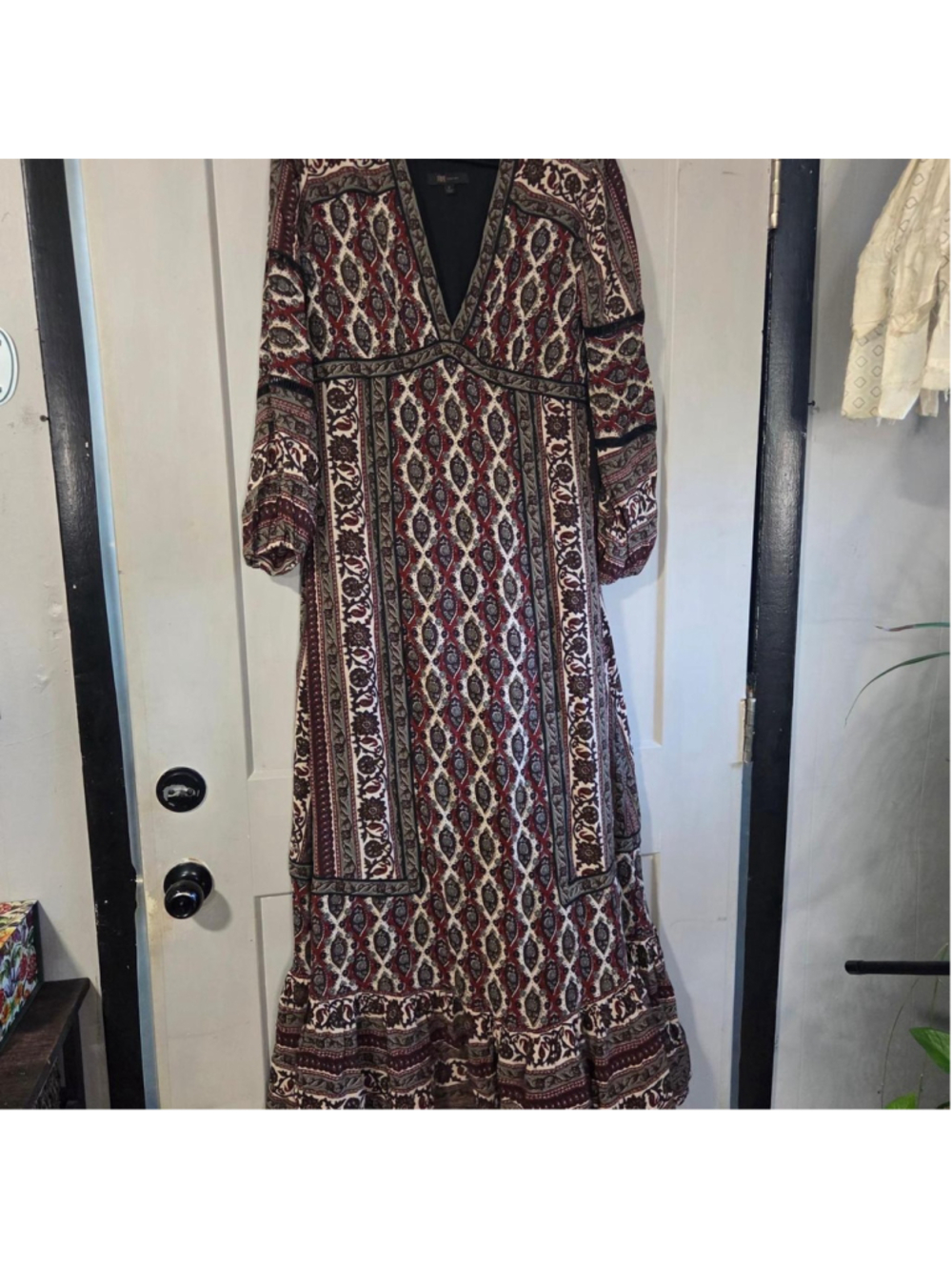 Frye brown, red, and beige geometric patterned maxi dress with ruffle hem, size